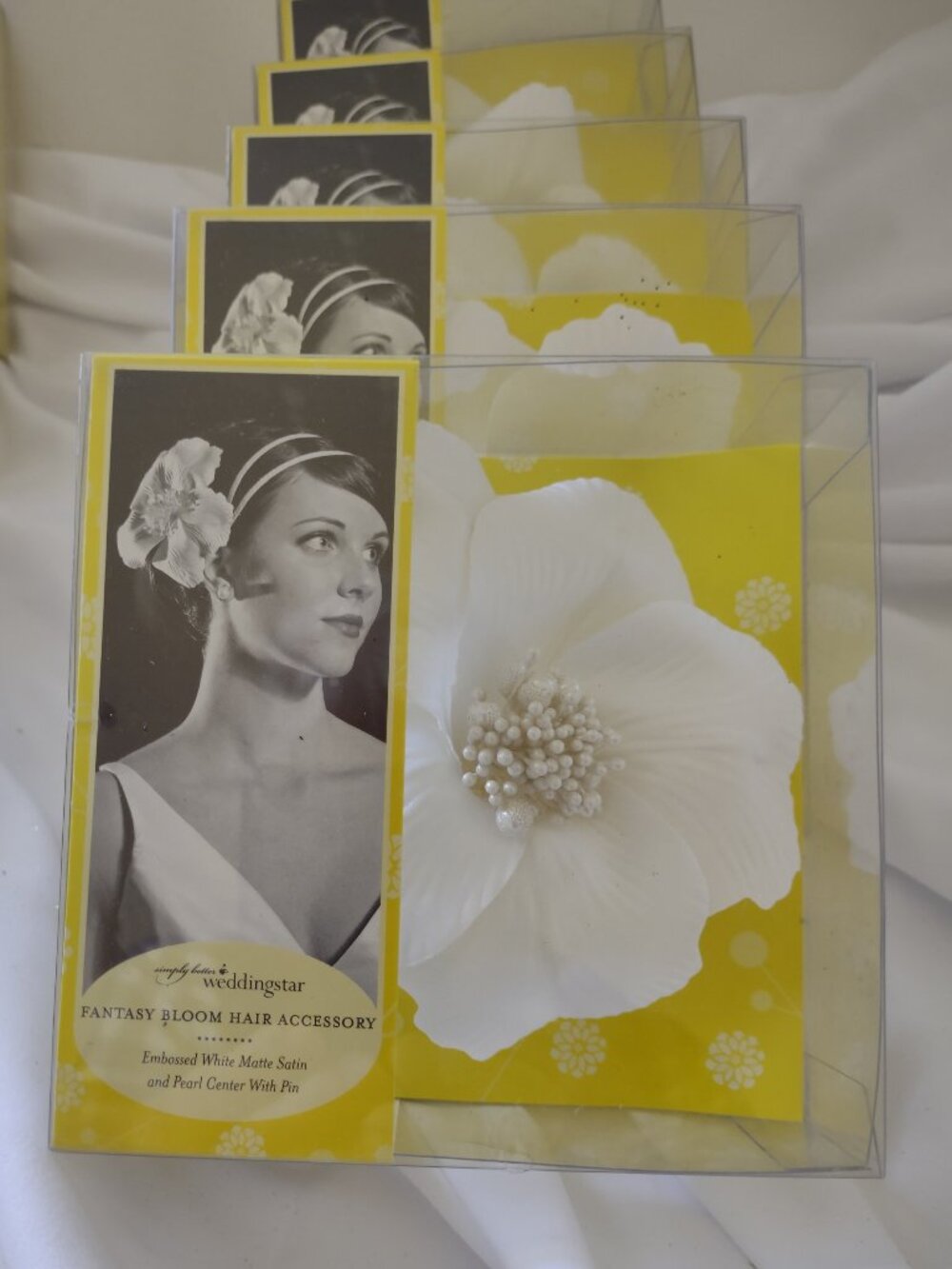 Fantasy Bloom Hair Accessories-X5 Pieces- White Satin & Pearl Center w/Pin NIB